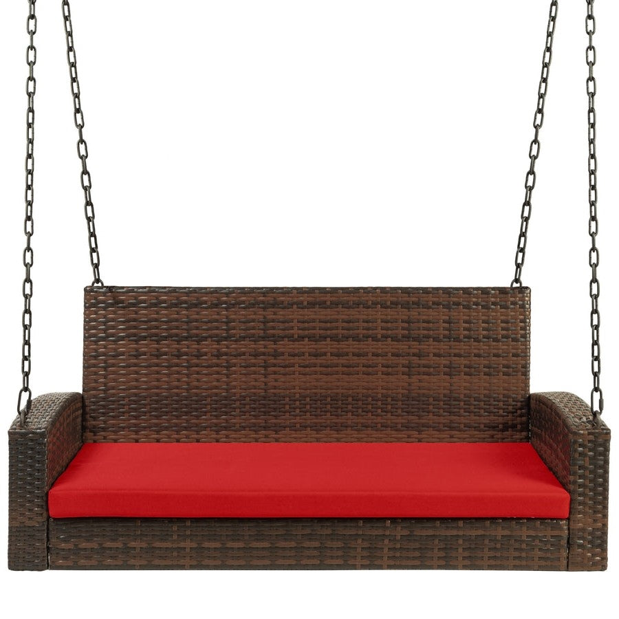 Brown Wicker Hanging Patio Porch Swing Bench w/ Mounting Chains and Red Seat Cushion-0