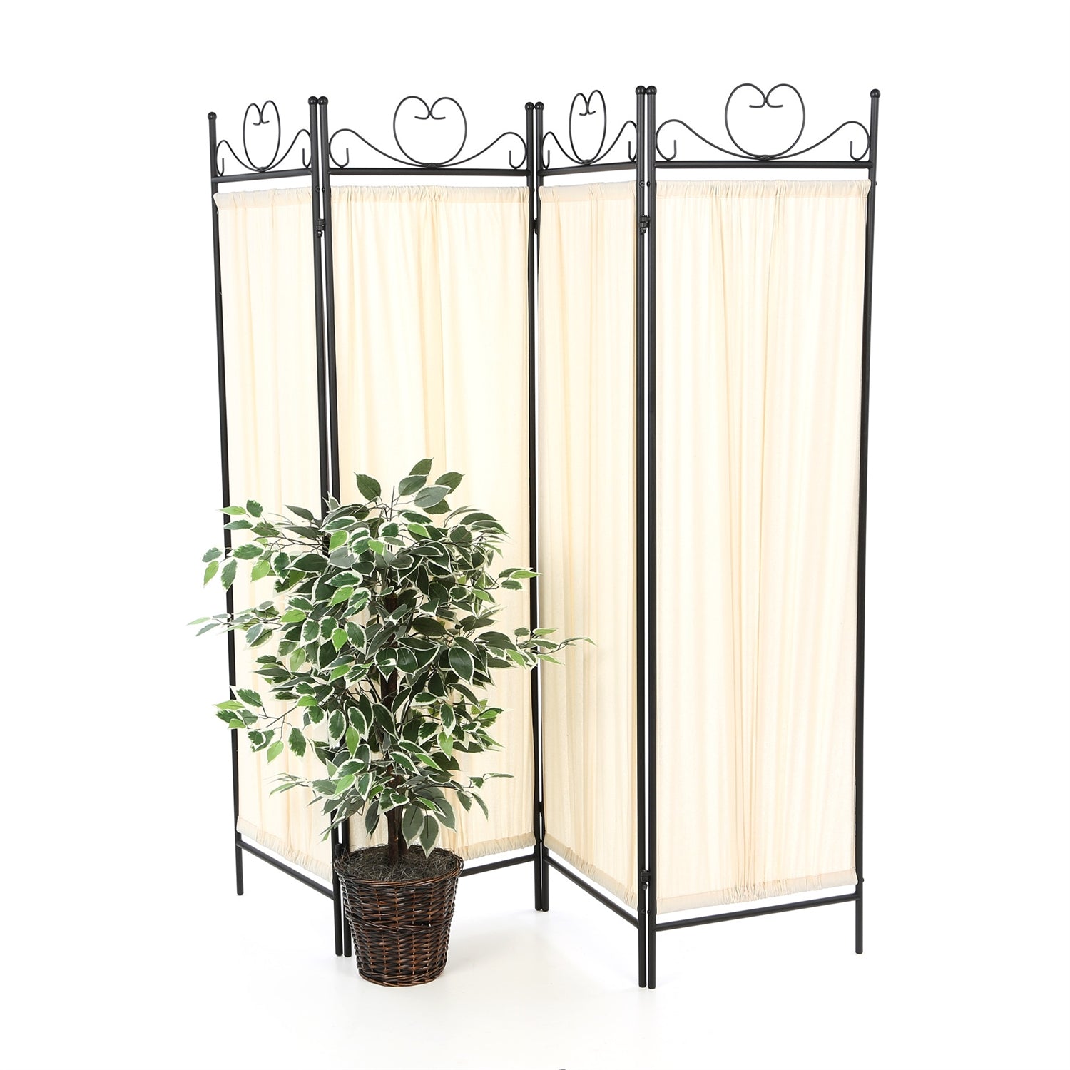 Black Metal 4-Panel Room Divider with Off-White Fabric Screen-1