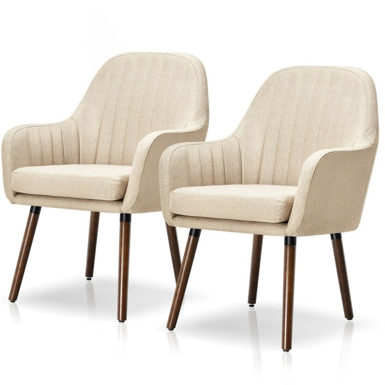 Set of 2 Retro Off-White Linen Upholstered Accent Chair with Stylish Wood Legs-0