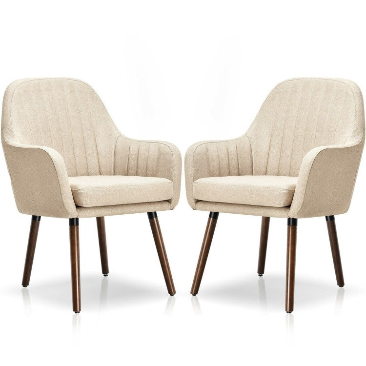 Set of 2 Retro Off-White Linen Upholstered Accent Chair with Stylish Wood Legs-1