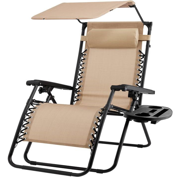 Beige Zero Gravity Folding Reclining Patio Lounge Chair with Canopy Sun Shade-0