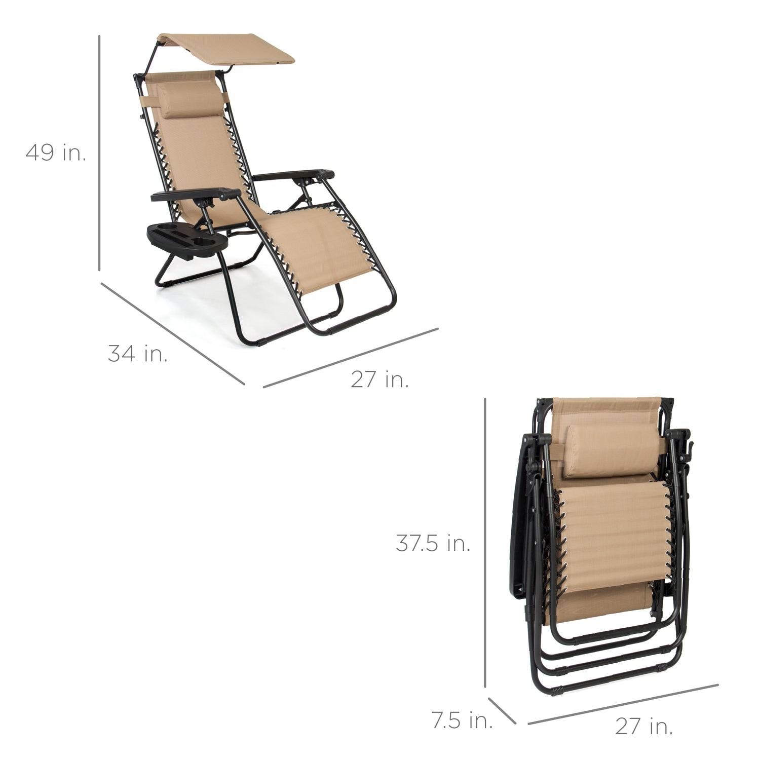 Beige Zero Gravity Folding Reclining Patio Lounge Chair with Canopy Sun Shade-3