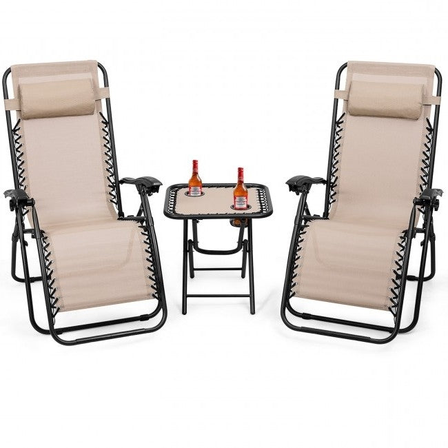 3 Piece Folding Portable Reclining Lounge Chairs Table Set Tan-0