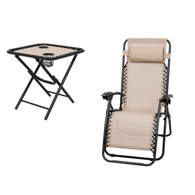 3 Piece Folding Portable Reclining Lounge Chairs Table Set Tan-1