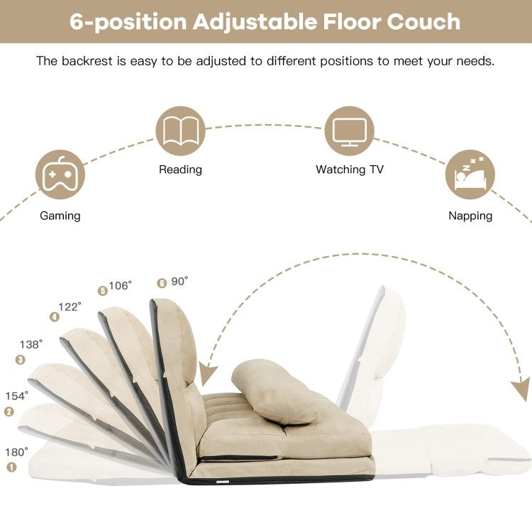 Faux Suede Minimalist 5 Tilt Foldable Floor Sofa Bed Detachable Cloth Cover in Beige-4