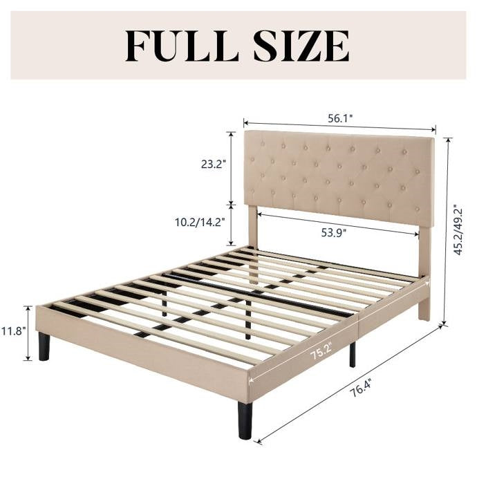 Full Size Beige Linen Upholstered Platform Bed with Button-Tufted Headboard-4