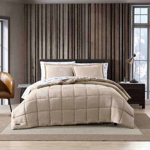 Full/Queen Plush Sherpa Reversible Micro Suede Comforter Set in Beige-0