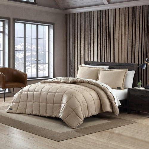 Full/Queen Plush Sherpa Reversible Micro Suede Comforter Set in Beige-1