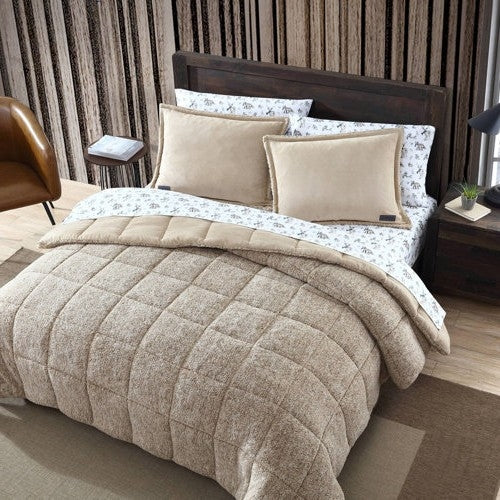 Full/Queen Plush Sherpa Reversible Micro Suede Comforter Set in Beige-2