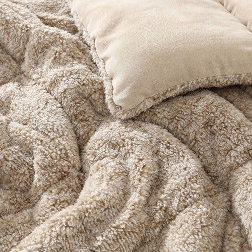 Full/Queen Plush Sherpa Reversible Micro Suede Comforter Set in Beige-3