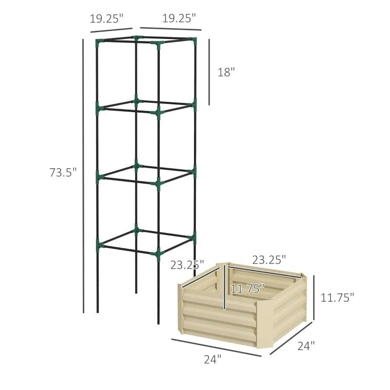 Beige Galvanized Open Bottom Raised Garden Bed Planter with Tomato Cage Trellis-3