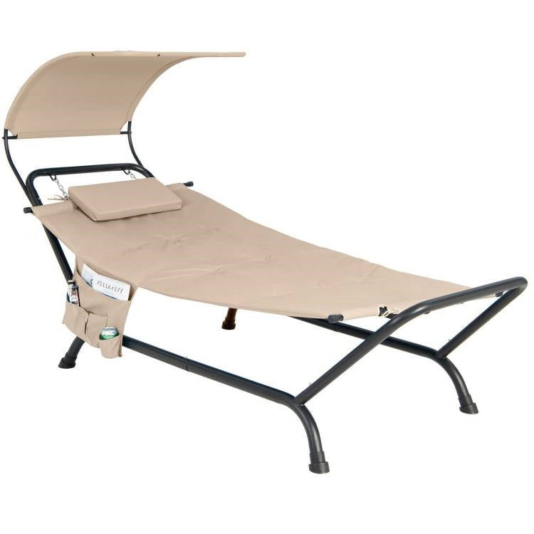 Outdoor Tan Hammock Style Chaise Lounge Chair Cot with Canopy and Storage Bag-0