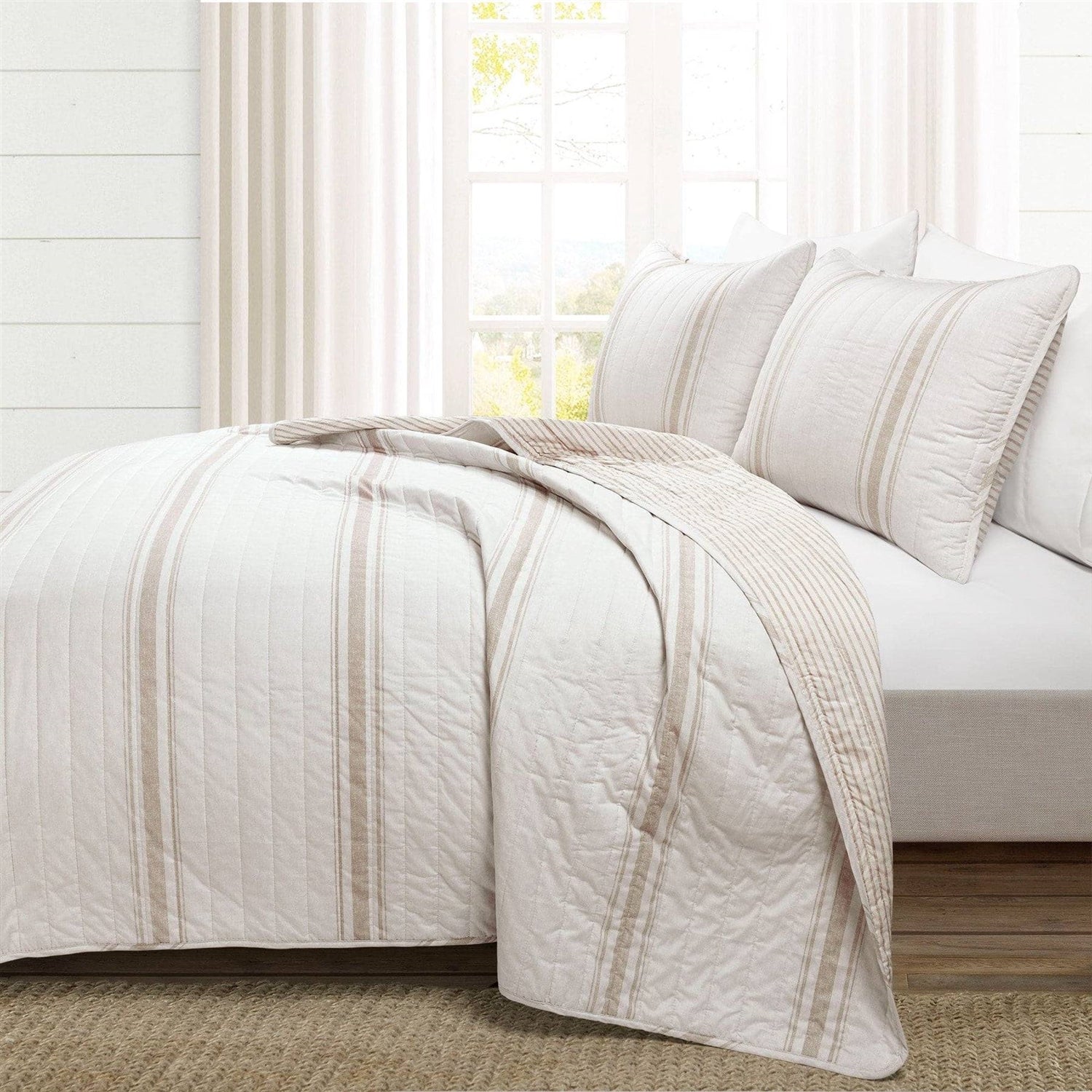 King Size Beige White 3 Piece Stripe Reversible Cotton Quilt Set-1