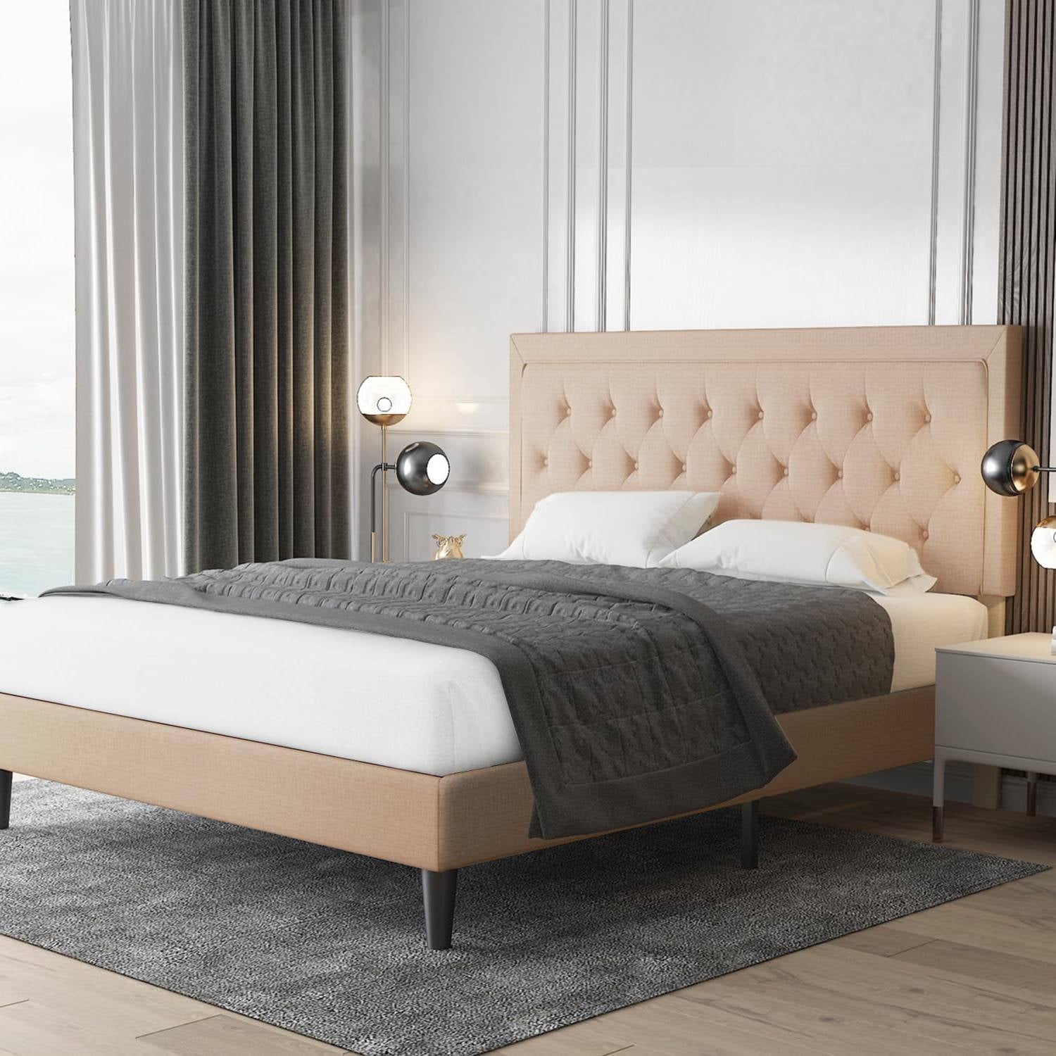 King size Beige Linen Platform Bed Frame with Button Tufted Headboard-1