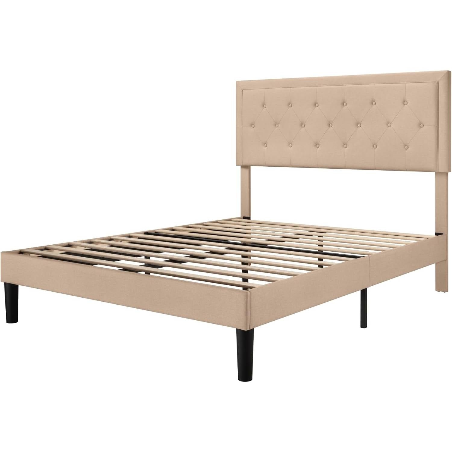 King size Beige Linen Platform Bed Frame with Button Tufted Headboard-2