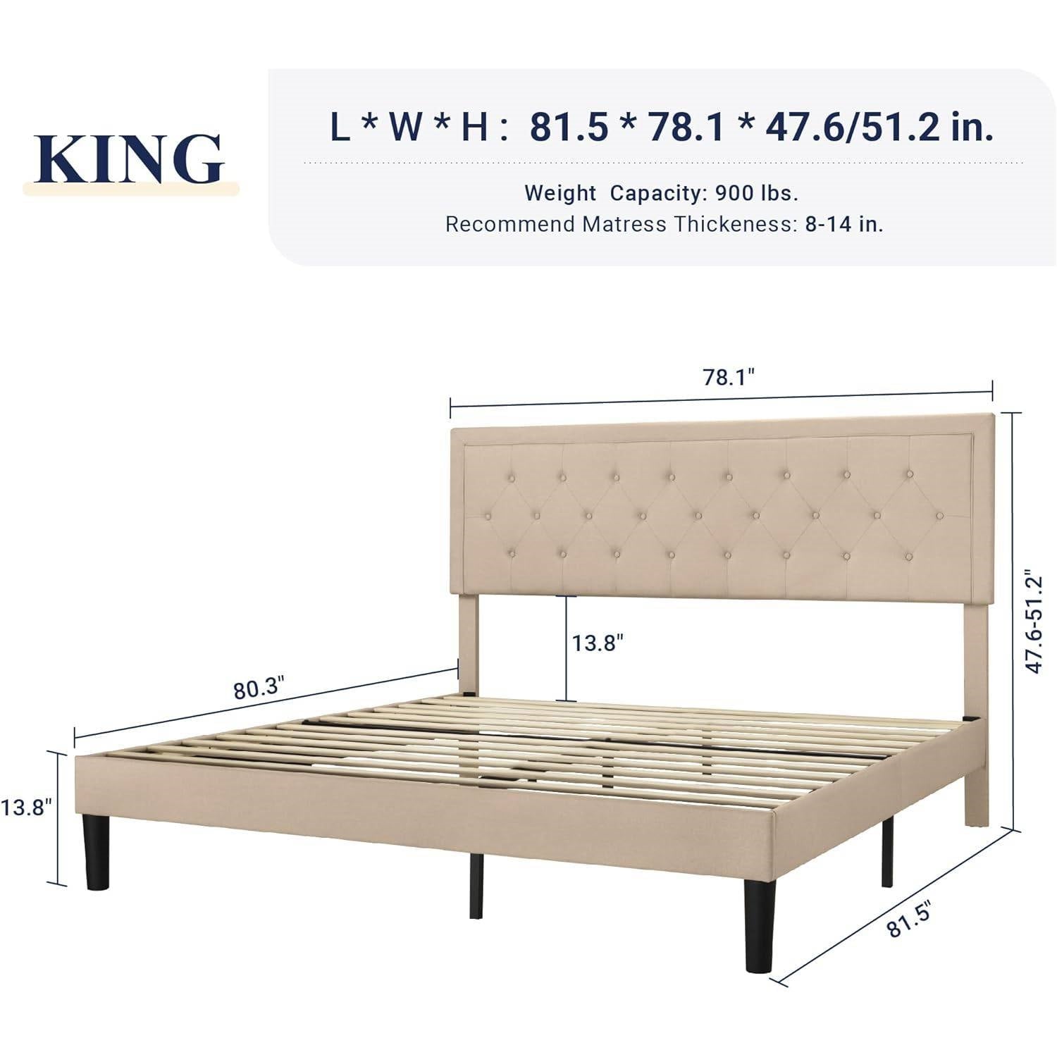 King size Beige Linen Platform Bed Frame with Button Tufted Headboard-4