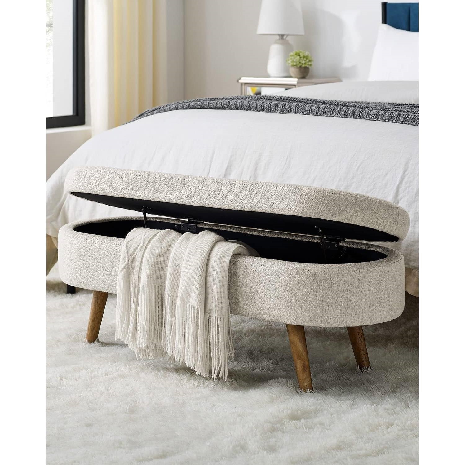 Mid-Century Modern Boho Style Off-White Beige Linen Bedroom Storage Bed Bench-0