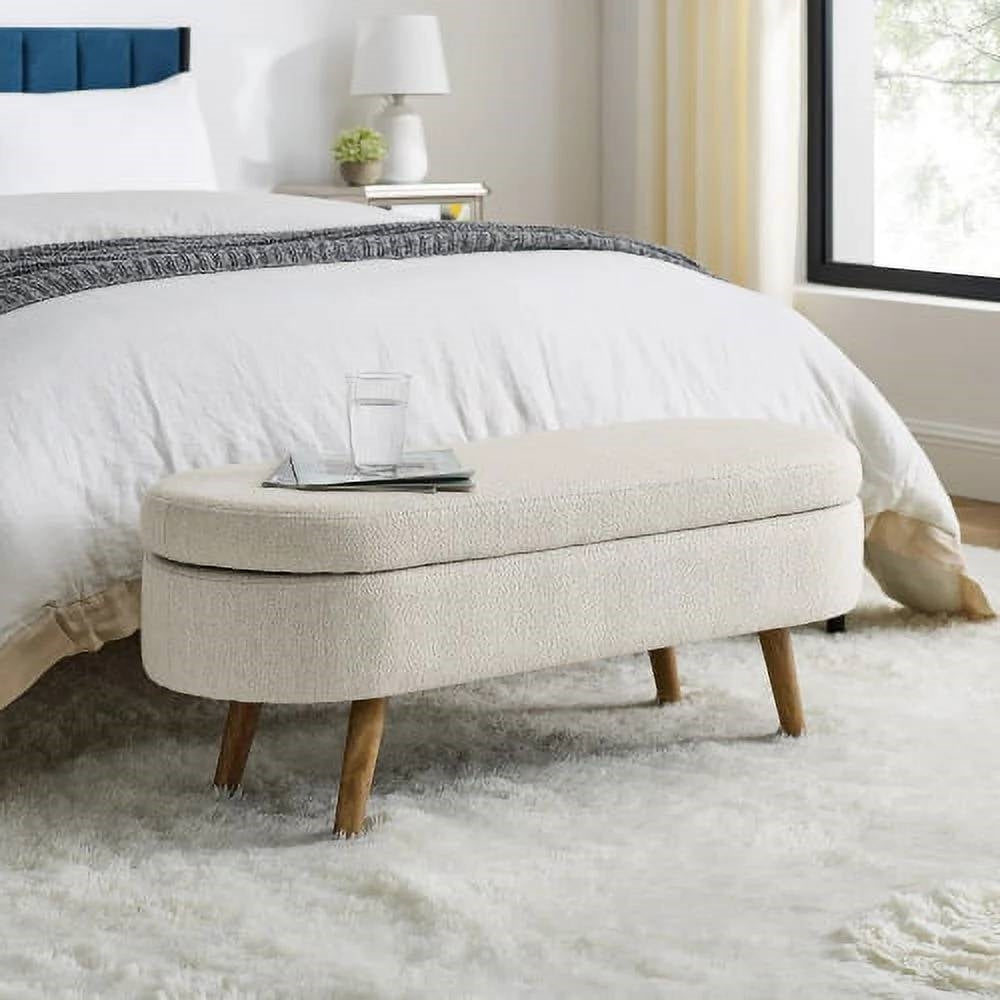 Mid-Century Modern Boho Style Off-White Beige Linen Bedroom Storage Bed Bench-3