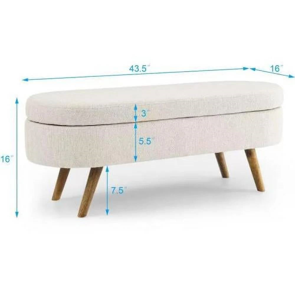 Mid-Century Modern Boho Style Off-White Beige Linen Bedroom Storage Bed Bench-4