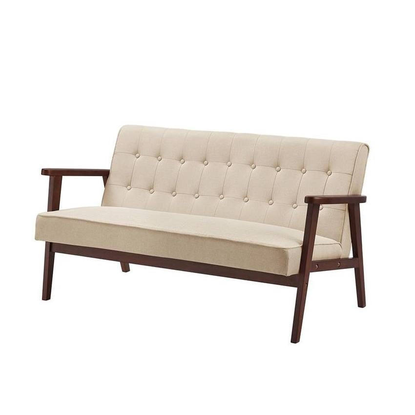 Mid-Century Modern Wood Frame Loveseat Sofa Couch with Beige Seat/Back Cushion-0