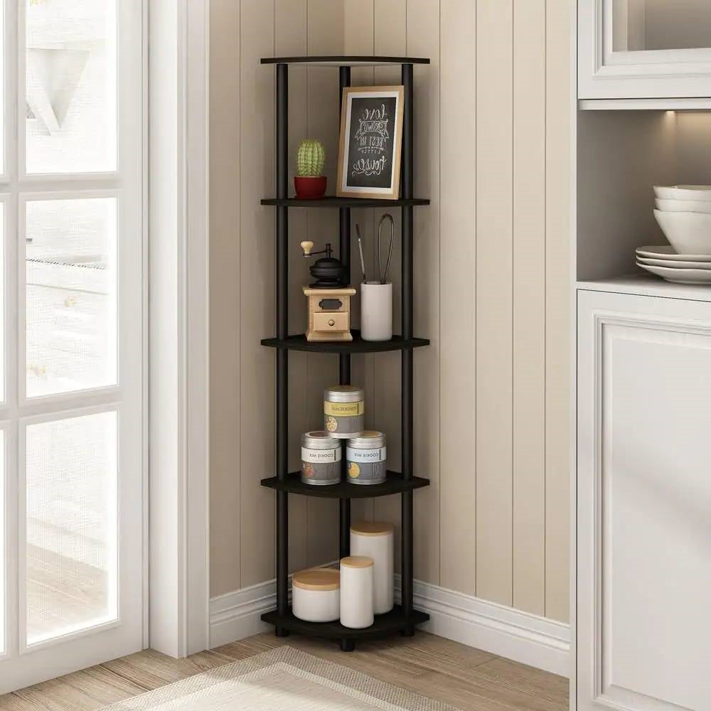 5-Shelf Modern Corner Bookcase in Espresso Black Wood Finish-0