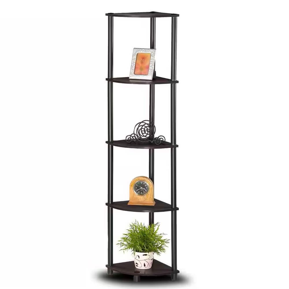 5-Shelf Modern Corner Bookcase in Espresso Black Wood Finish-1