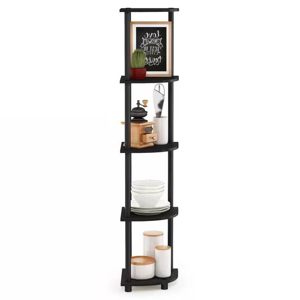 5-Shelf Modern Corner Bookcase in Espresso Black Wood Finish-2