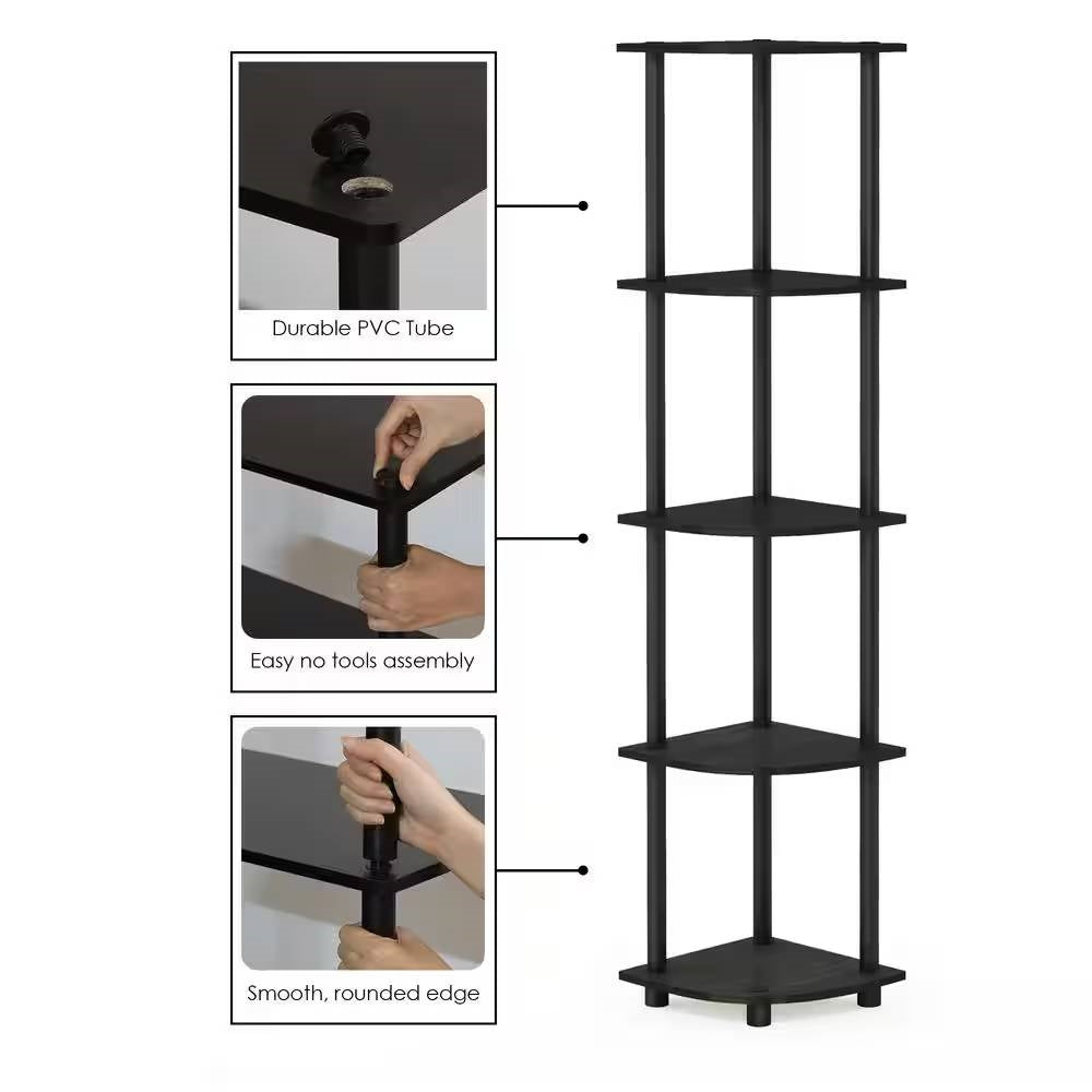 5-Shelf Modern Corner Bookcase in Espresso Black Wood Finish-4