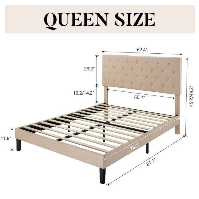 Queen Size Beige Linen Upholstered Platform Bed with Button-Tufted Headboard-4