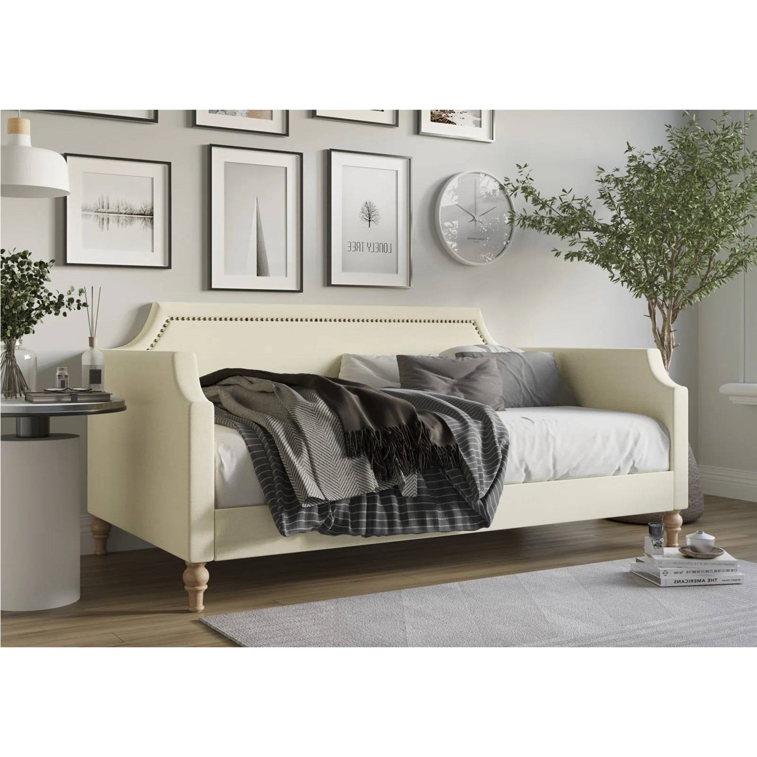 Twin size Beige Cream Polyester Fabric Upholstered Daybed with Nailhead Trim-1