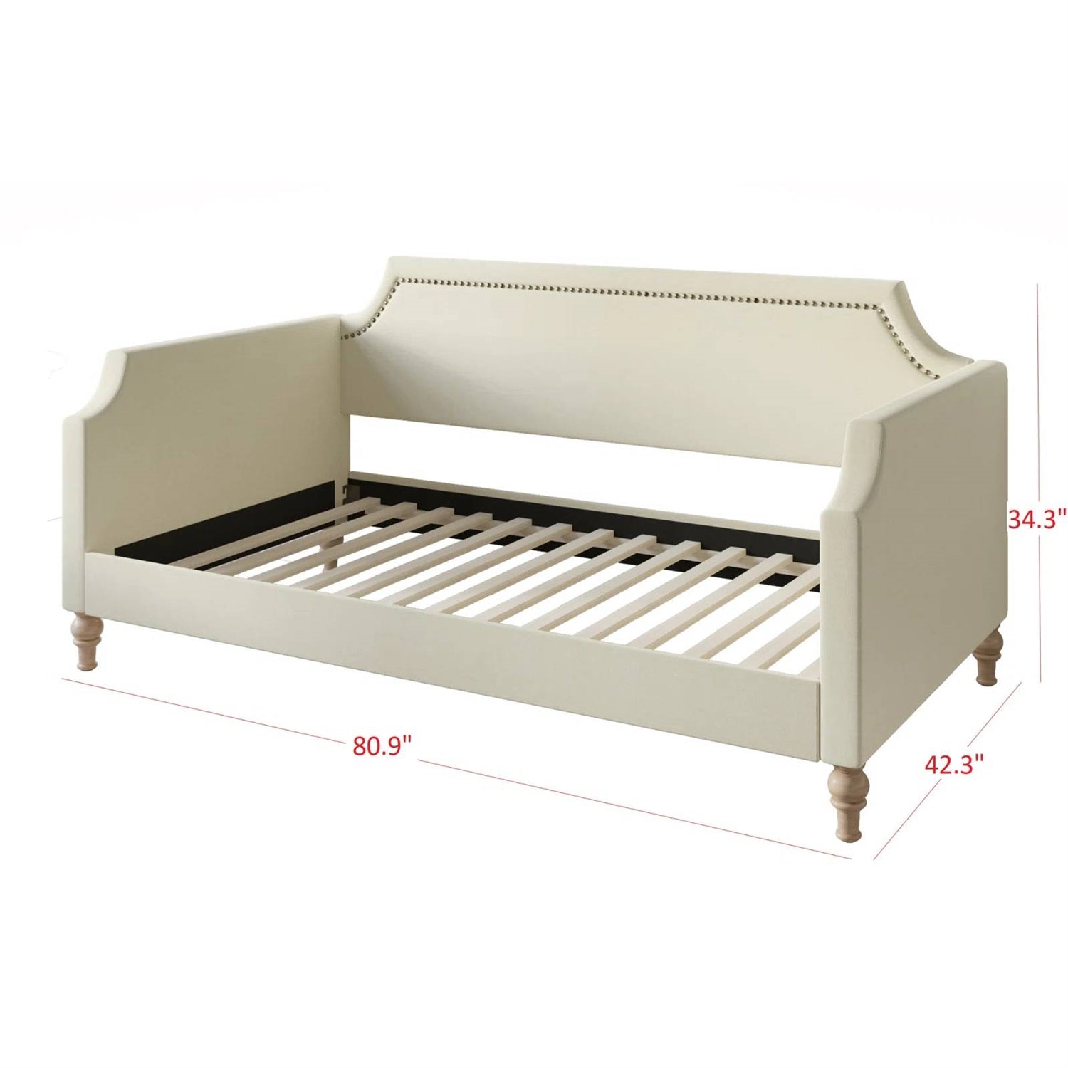 Twin size Beige Cream Polyester Fabric Upholstered Daybed with Nailhead Trim-4