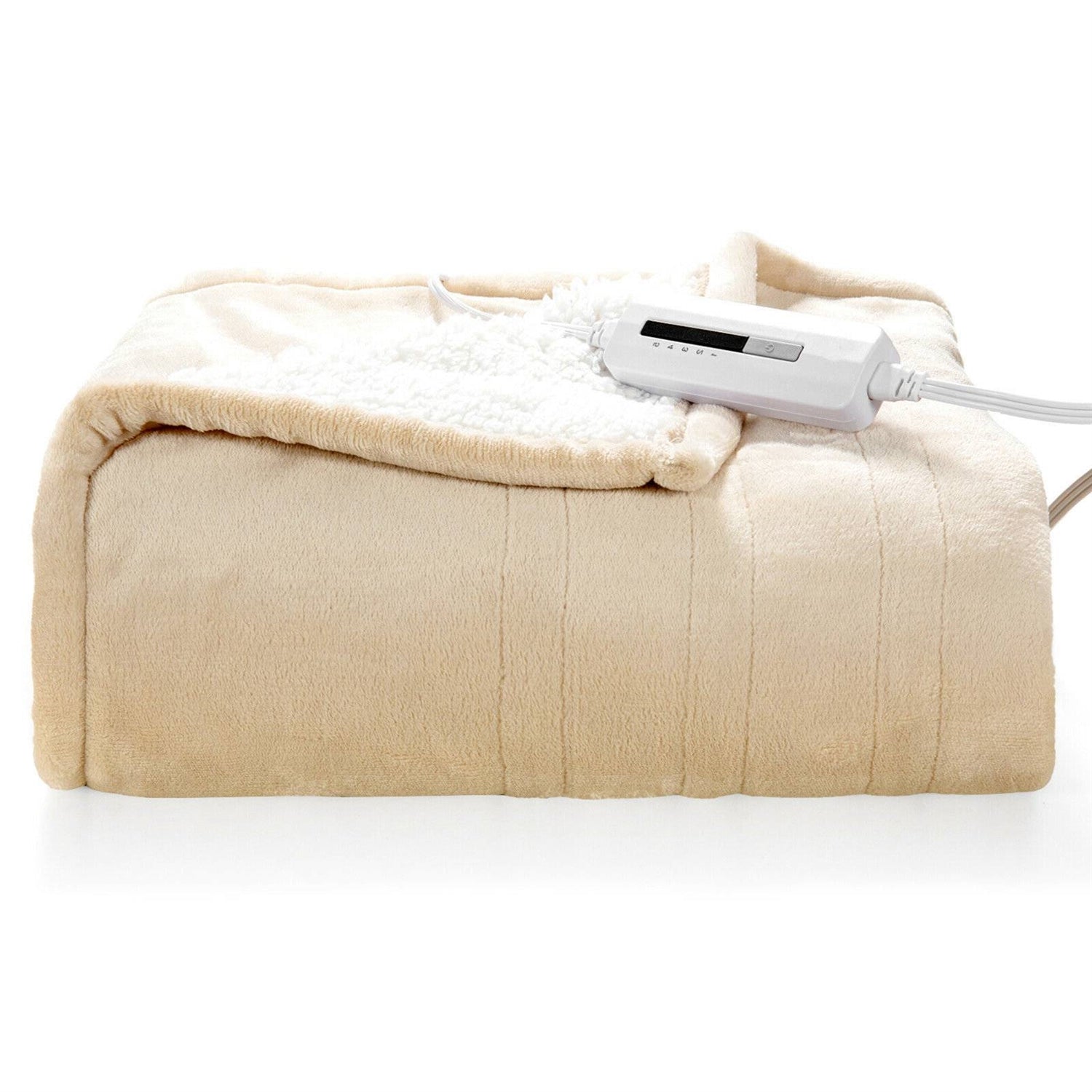 Heated Electric Sherpa Throw Blanket in Beige/White-0