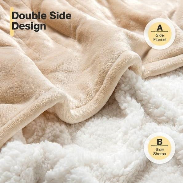 Heated Electric Sherpa Throw Blanket in Beige/White-4