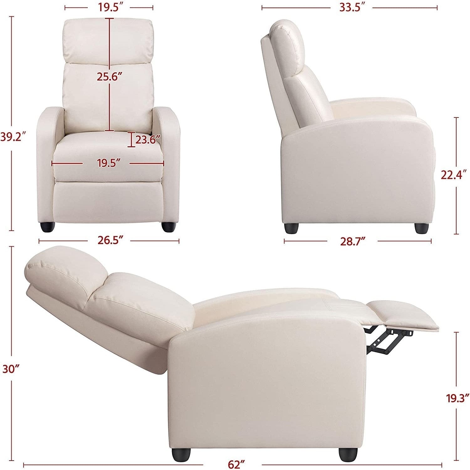 Off White High-Density Faux Leather Push Back Recliner Chair-3