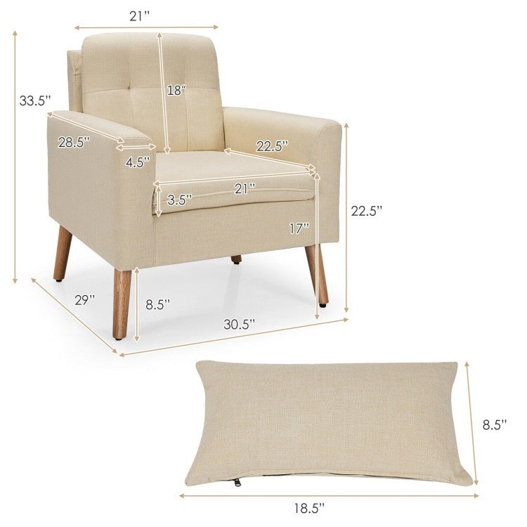 Beige Linen Mid-Century Modern Living Room Accent Chair with Pillow-4