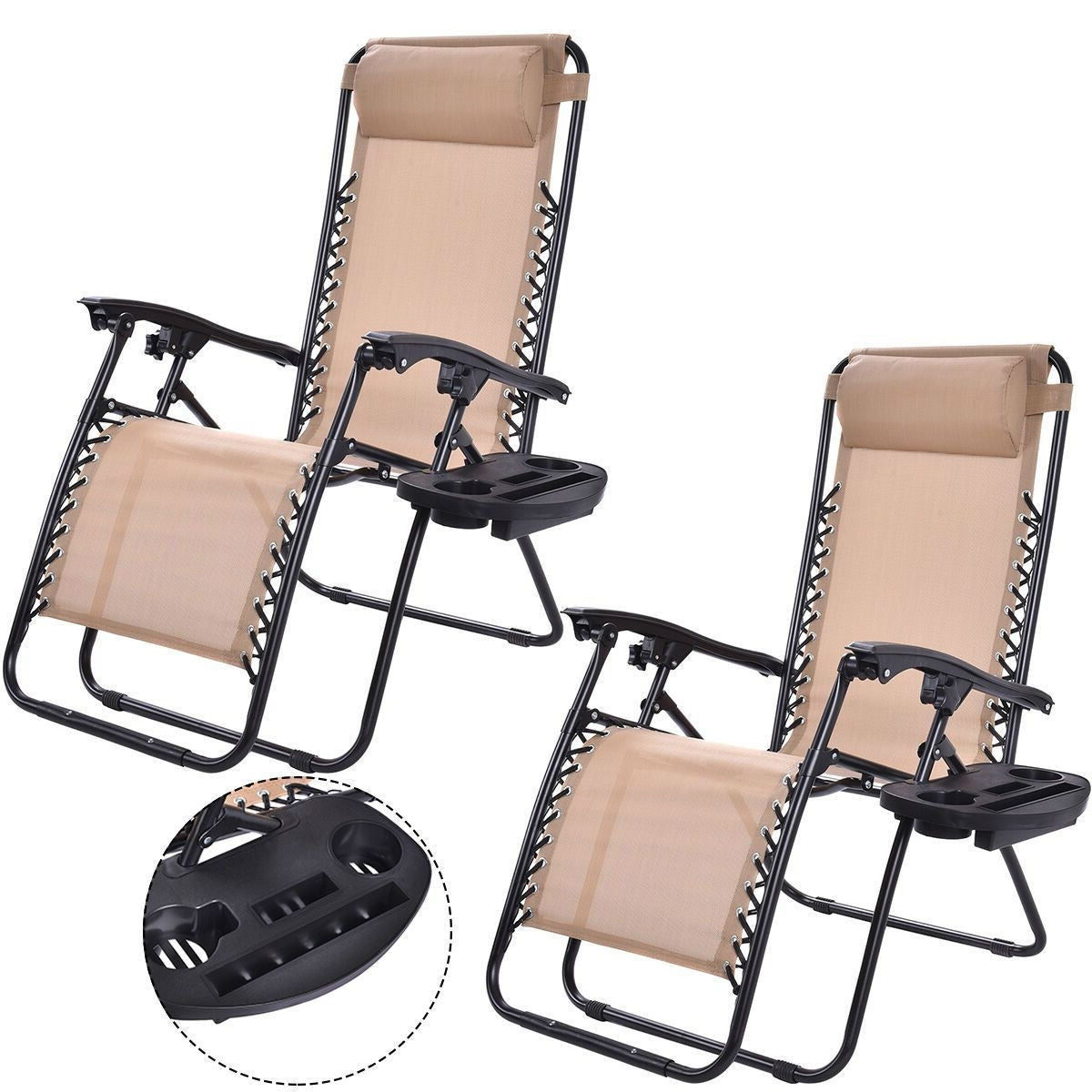 Set of 2 Beige Folding Outdoor Zero Gravity Lounge Chair Recliner-0