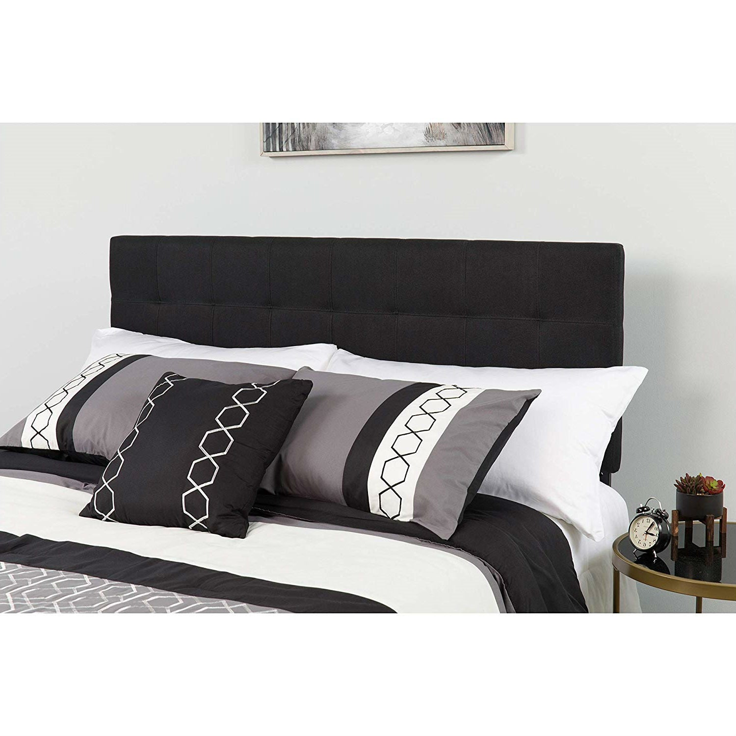 Full size Modern Box-Stitch Black Fabric Upholstered Headboard-2