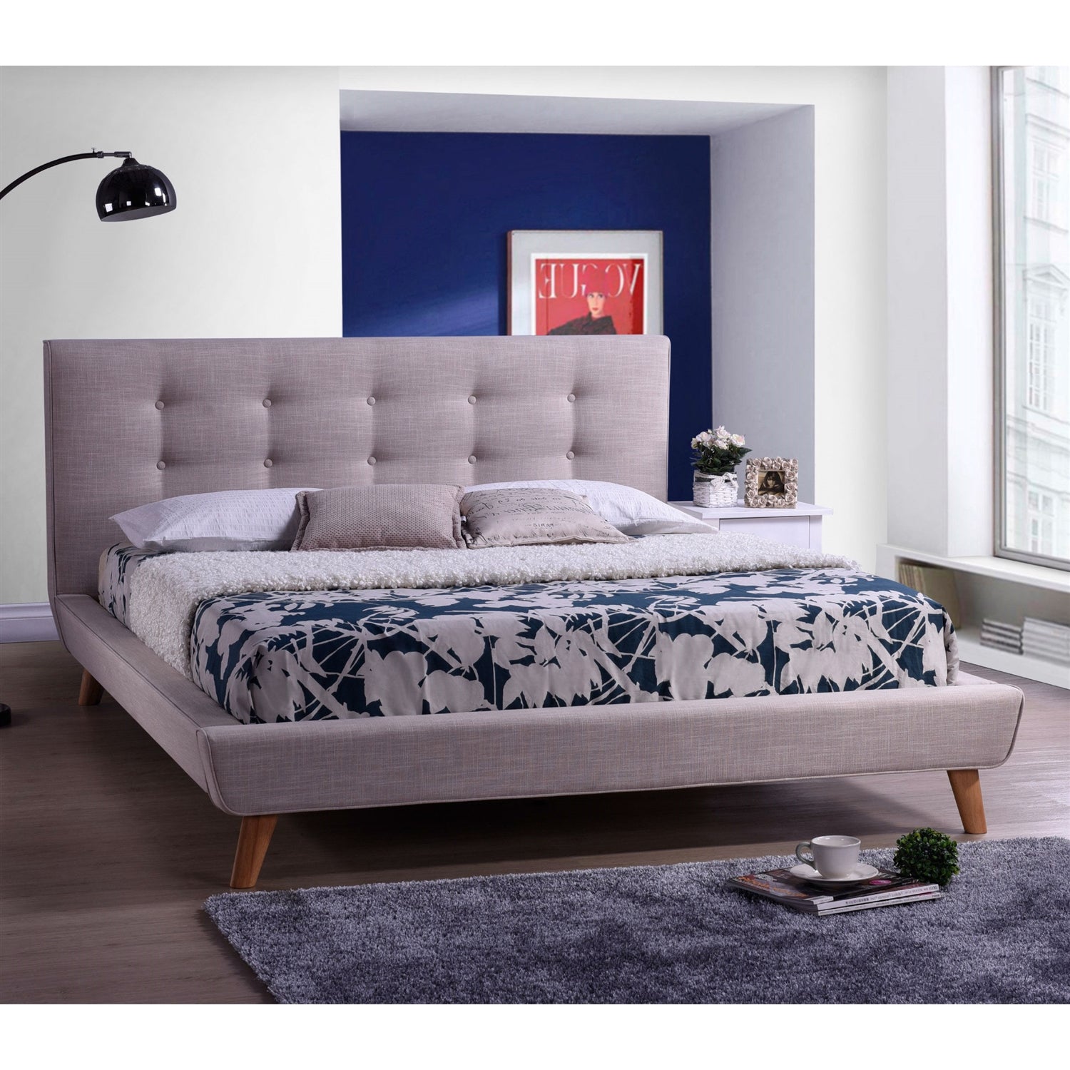 Full size Beige Linen Upholstered Platform Bed with Button Tufted Headboard-1