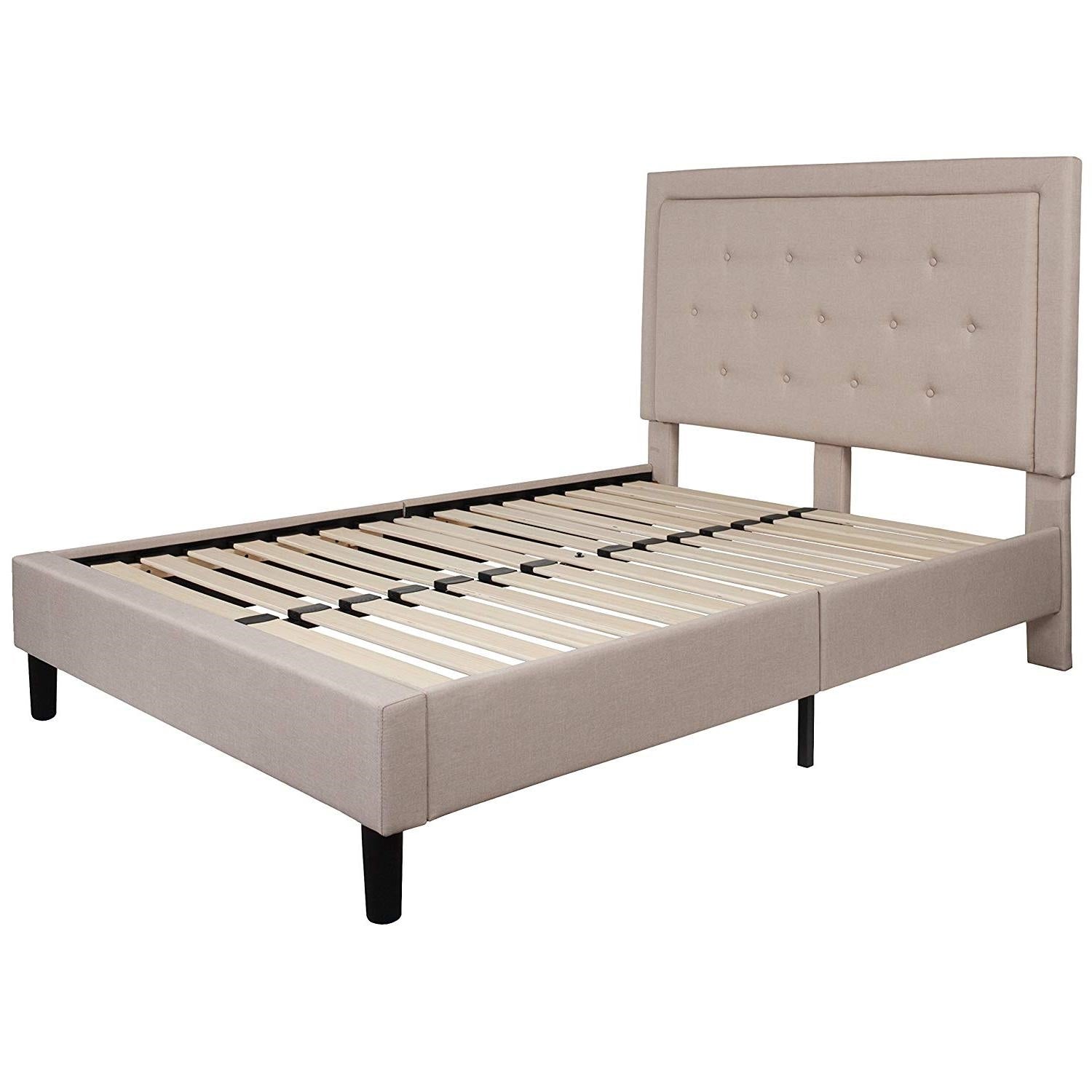 Full Beige Fabric Upholstered Platform Bed Frame with Tufted Headboard-1