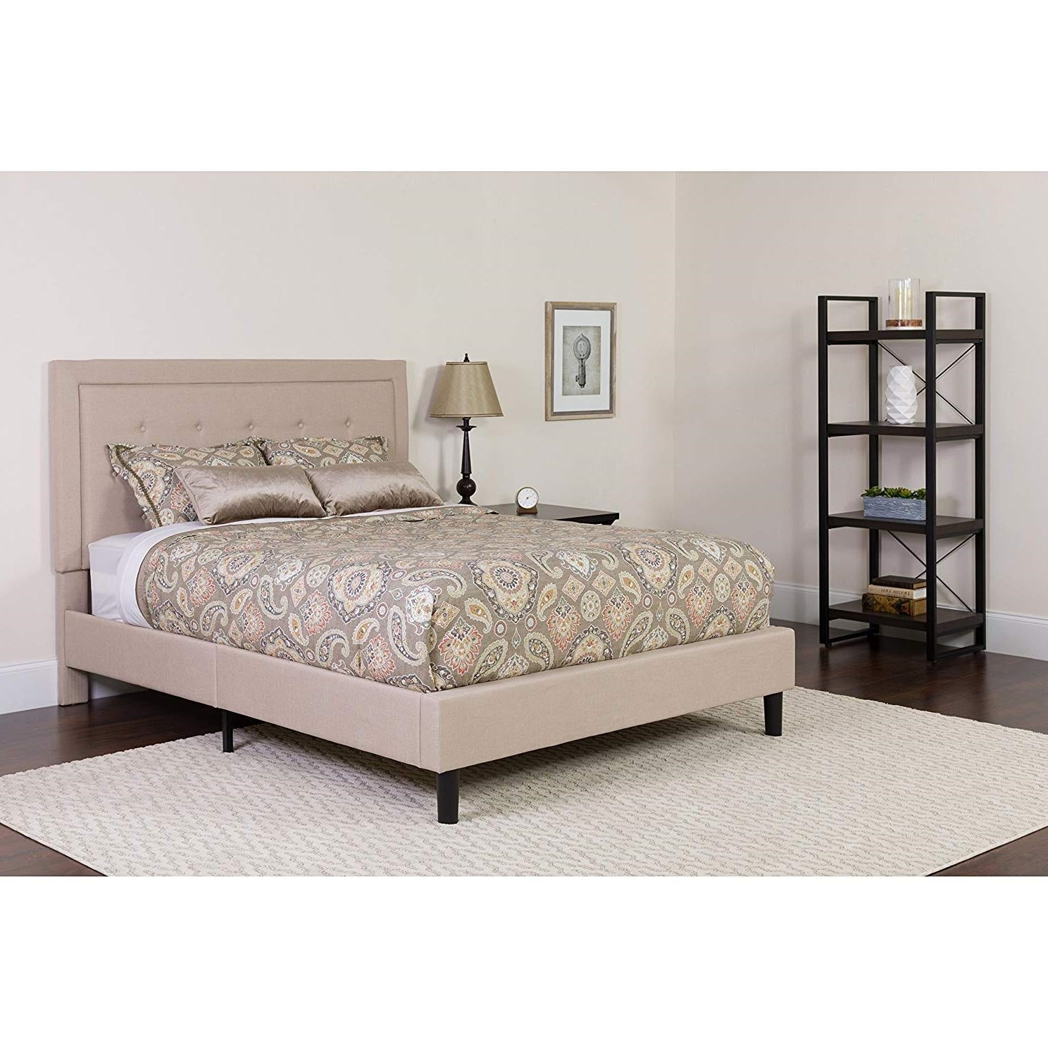 Full Beige Fabric Upholstered Platform Bed Frame with Tufted Headboard-2