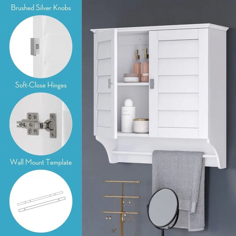 Wall Mounted Bathroom Medicine Cabinet with Louver Doors and Towel Bar in White-3