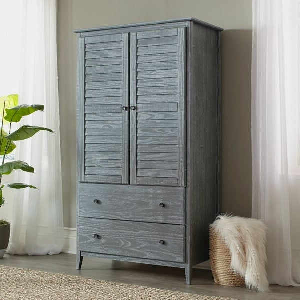 FarmHome Louvered Distressed Grey Solid Pine Armoire-0