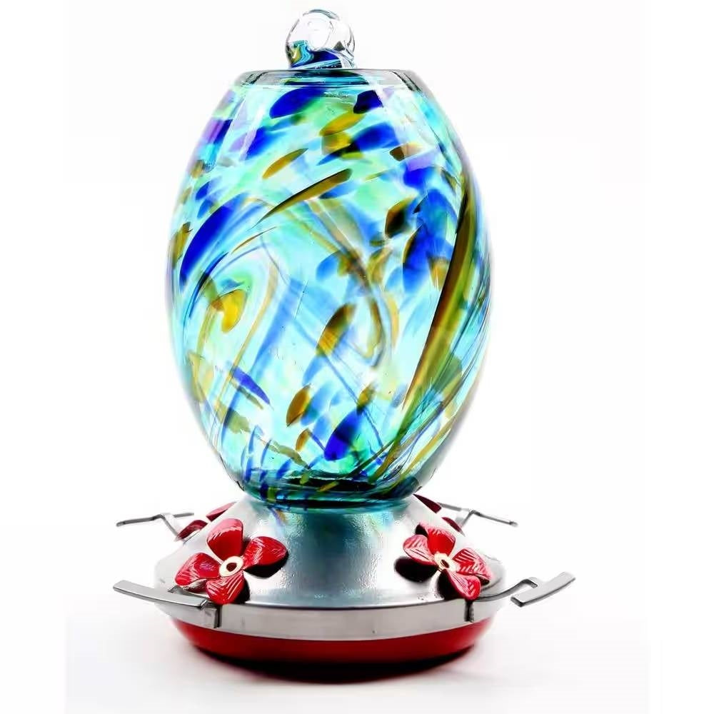 Blue Blown Glass Hummingbird Feeder with Perch and 4 Feeding Ports-0