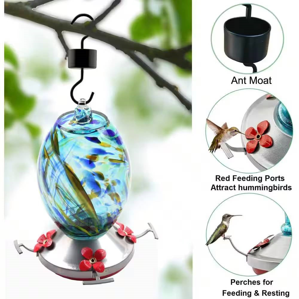 Blue Blown Glass Hummingbird Feeder with Perch and 4 Feeding Ports-2