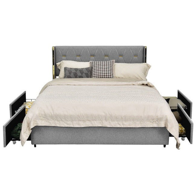 Queen Size Grey/Gold Linen Headboard 4 Drawer Storage Platform Bed-0