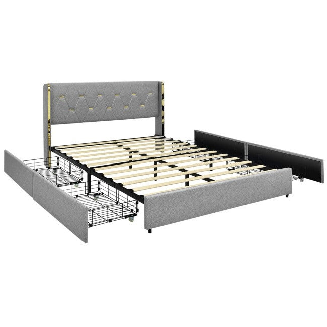 Queen Size Grey/Gold Linen Headboard 4 Drawer Storage Platform Bed-1