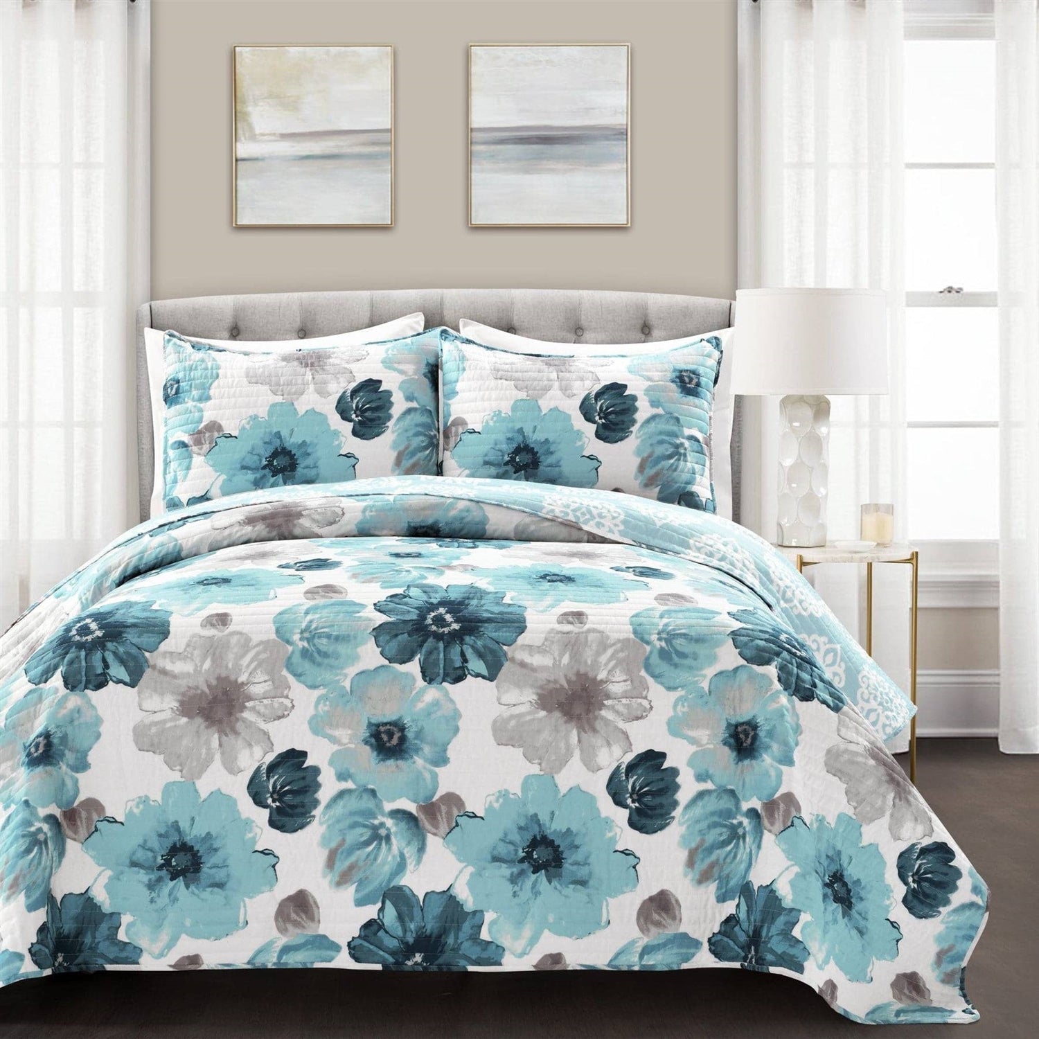 Full/Queen Blue Grey Flowers Lightweight Polyester Microfiber Quilt Set-0