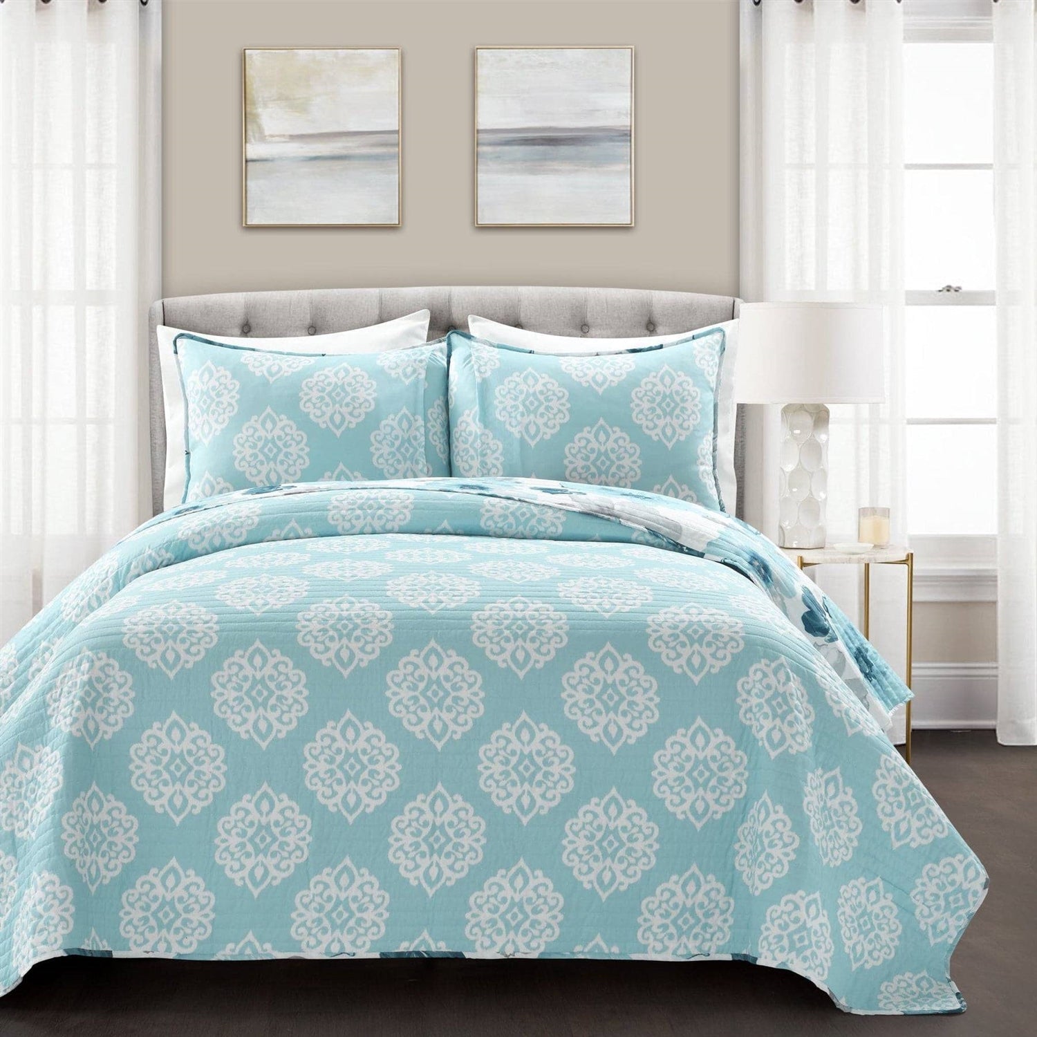 Full/Queen Blue Grey Flowers Lightweight Polyester Microfiber Quilt Set-2