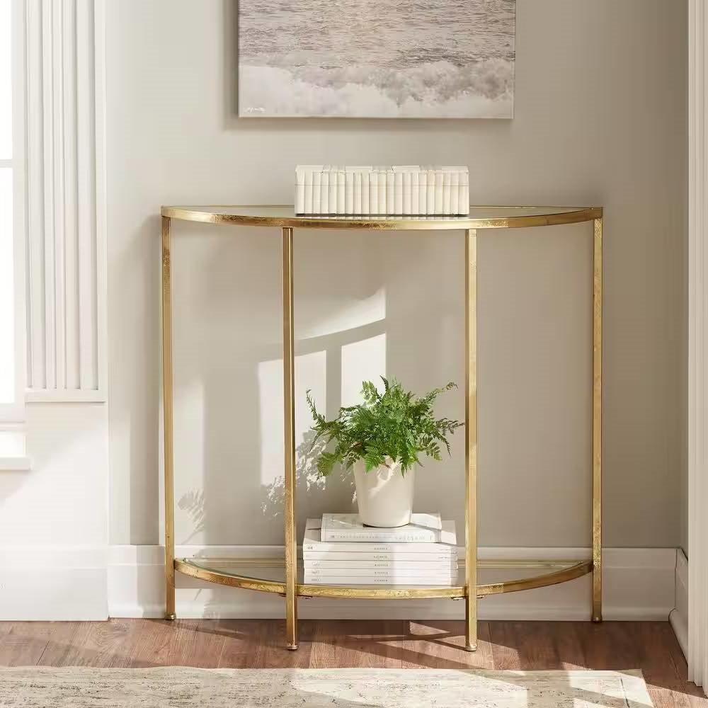 Half-Circle Entryway Console Table Gold Metal Glass Top Bottom Shelf Sofa Table-0