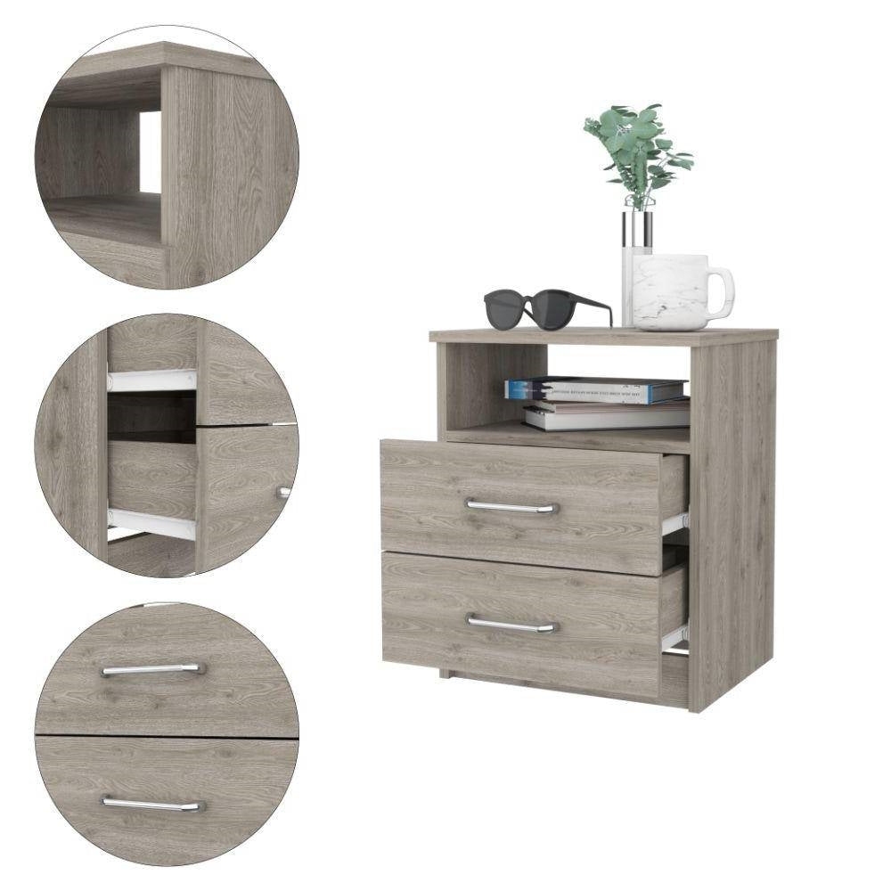 Modern 2-Drawer Nightstand with Open Shelf in Beige Wood Finish-2